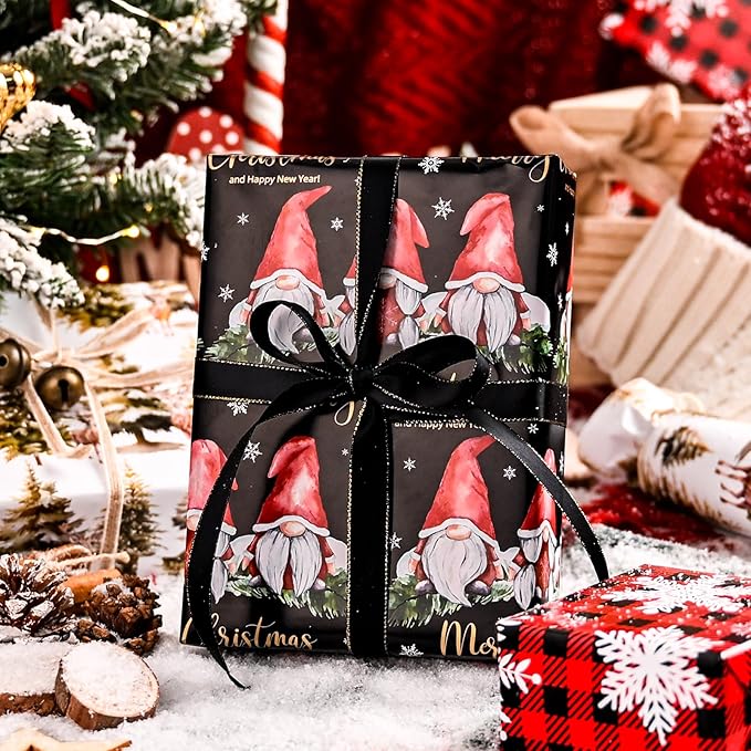MAYPLUSS Festive Christmas Wrapping Paper - 17Inch x 10Feet Per Roll - Fairy Forest Deer Gnome Holiday Christmas Snowflake Thick Rolled Gift Wrap for Winter, Holiday, Party and Celebrations