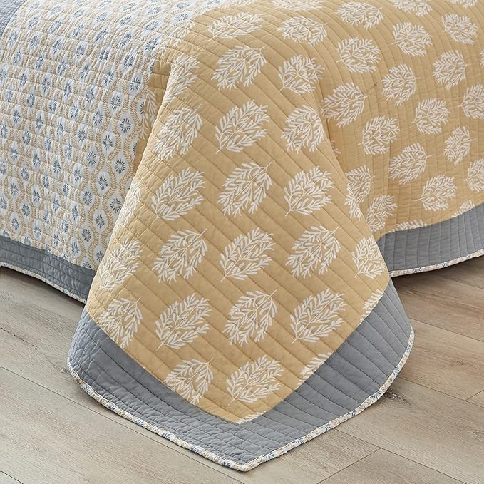 PANGUSHAN Quilt Set King Size,100% Cotton Bedspread Quilt Bedding Set,Floral Patchwork Quilt Set for King Bed,Yellow/Grey/White Bed Spread,Lightweight Comforter Reversible Quilt,All Season,3 Pieces