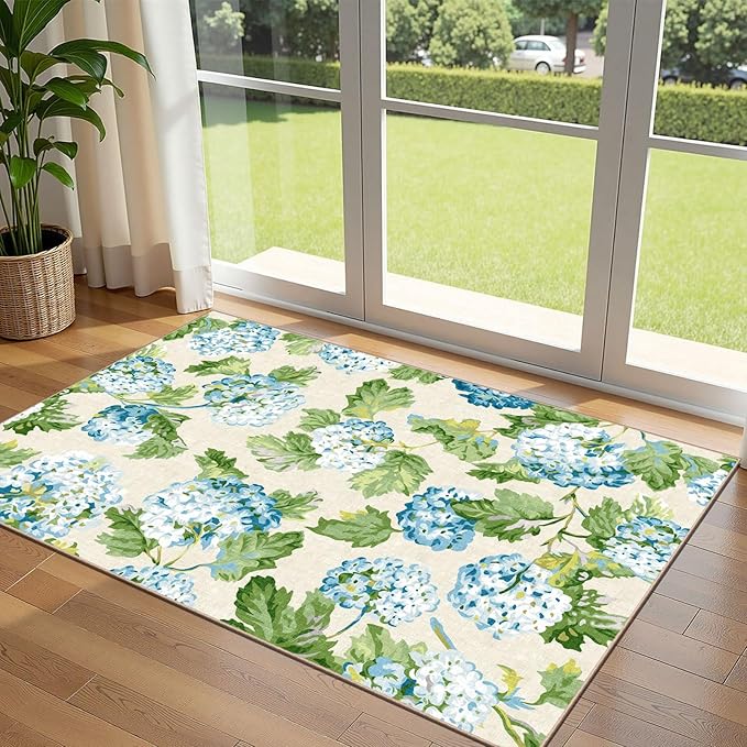 3x5 Floral Entry Rug - Small Washable Indoor Outdoor Mats for Front Door Non-Slip Porch Rug Blue Green Botanical Flower Throw Rugs for Living Room Bedroom Entryway Kitchen Office Porch Decor