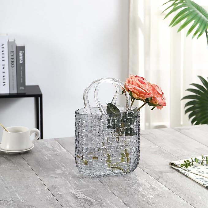 Glass Purse Vase, Purse Vase for Flowers, Black Purse Flower Vase, Wide Mouth Glass Bag Vases, 10 Inch Large Glass Vases, Handbag Shaped Vases for Home, Office Decor