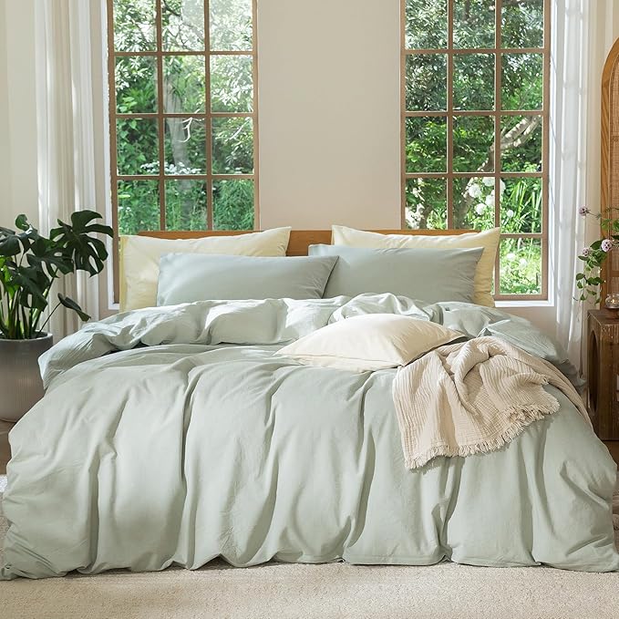 MooMee Bedding Duvet Cover Set 100% Washed Cotton Linen Like Textured Breathable Durable Soft Comfy (Heathered Sage Green, Super King Plus 120"x120")