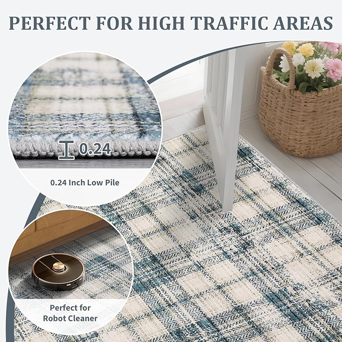 Washable Area Rugs 4x6 Rug for Living Room Modern Plaid Rugs for Bedroom Farmhouse Non Slip Entryway Rug Soft Nursery Rugs Stain Resistant Carpet for Entrance Dining Room 4'x6' Green/Beige