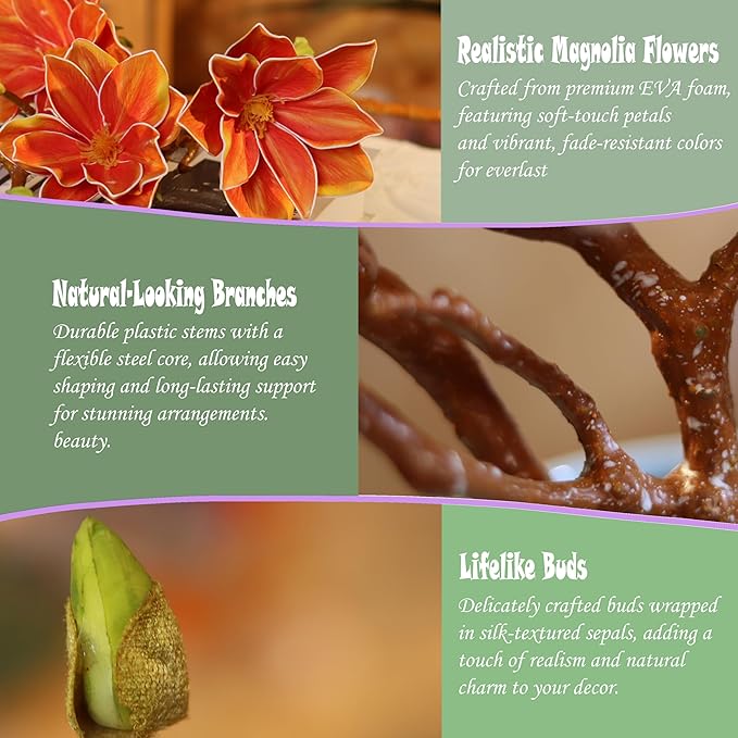 3pcs Artificial Magnolia Flower Branches, 31 Inch Long Stem Faux Floral, Premium Faux Bloom for Home Decor, Centerpieces, and Wedding Arrangements, Orange