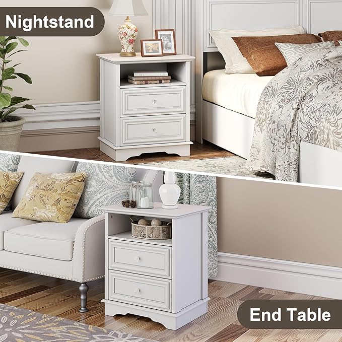 XIAO WEI Nightstand with Hidden Drawer, 2-Drawer Nightstand with Open Shelf – Sturdy Wood Bedroom End Table for Storage, Modern Furniture for Bedroom Organization, White