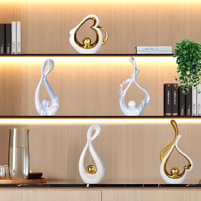 Modern Abstract Sculpture Home Decor, White and Gold Decor, Living Room Decoration Table Accessories, Table Art Ceramic Statue Decor, Centerpiece for Dining Room