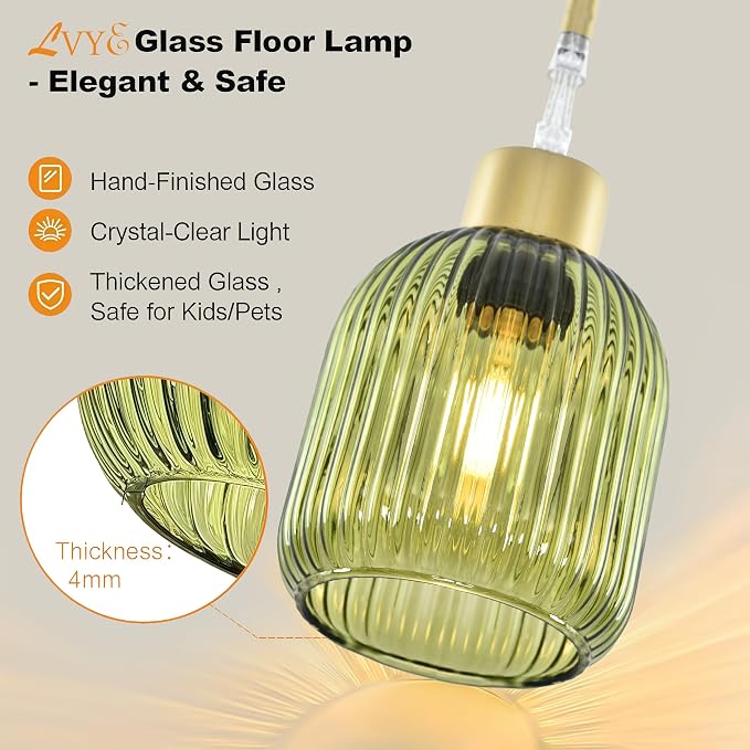 Modern Floor Lamps for Living Room, Glass Standing Lamp with Green Shade, Dimmable Ribbed Glass 3 Lights Floor Lamps, Mid Century Tall Lamp for Bedroom, 3 Bulbs Included