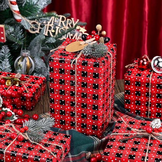 MAYPLUSS Wrapping Paper Roll 17in* 32.8 feet Red and Black Plaid with White Star for Christmas,Birthday,Party,Holiday,Vintage Wrapping Paper for all Occassions (TTL:46.8sqft)