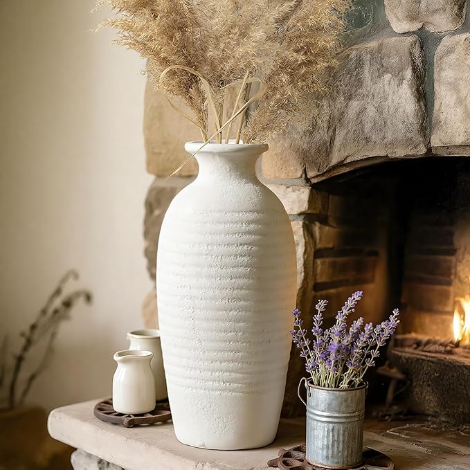 Rustic Ceramic Tall Vase 14.4” Large Handmade Flower Vases for Farmhouse Decor Living Room Shelf Styling Waterproof Off-White Pottery Jar for Pampas Grass Wedding or Housewarming Gift