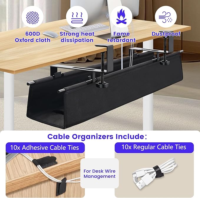 Under Desk Cable Management Tray, Clamp-On Cord Organizer，No Drilling Required, Holds Up to 22 lbs, for Cords, Routers, Power Strips (Black, 28.4inch)