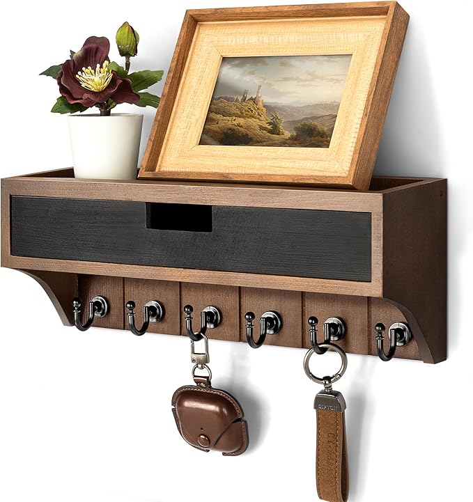 Rebee Vision Pine Wood Key Holder Wall Mount with Drawer Organizer – Decorative Mail Organizer with 6 Key hooks and Wall Shelf - Modern Room Decor for Entryway or Living Room (Brown & Black)