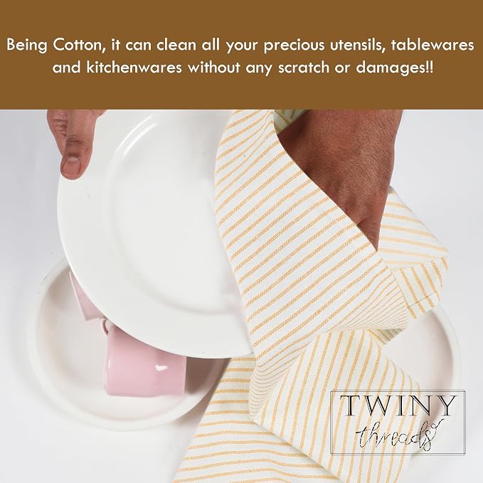TWINY threads Set of 4 Vintage Stripe Kitchen Towels (18x26 Inches) Premium Tea Towels with Hanging Loop, Highly Absorbent 100% Cotton Bulk Kitchen Hand Towels for Drying Cleaning - Mustard Yellow