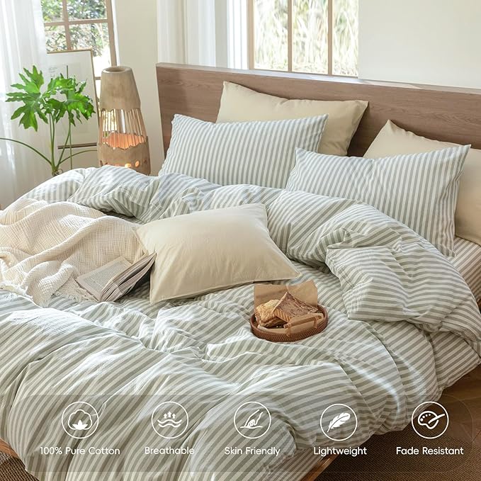 MooMee Striped Duvet Cover Set 100% Washed Cotton Linen Like Textured Breathable Durable Soft Comfy (Sage Green White Classic Stripes, Oversized King Plus 128"x120")