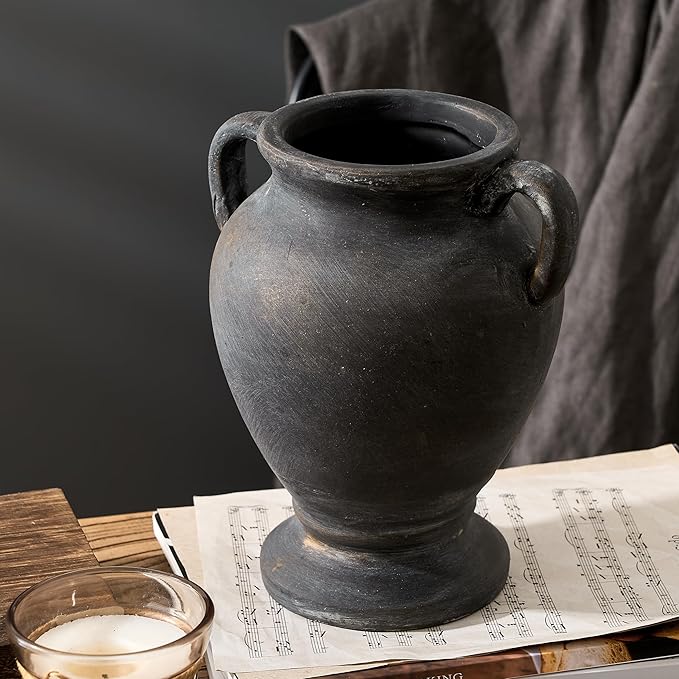 Ceramic Rustic Flower Vase with Handles, 8.36 Inch Tall Vintage Pottery Home Decor, Farmhouse Terracotta Vase for Living Room, Table, Shelf, Mantel Decoration, Farmhouse- Black Bronze