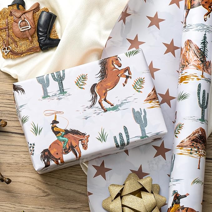 Homeral Reversible Cowboy Wrapping Paper Roll - 17In x 32.8Ft Western Gift Wrap with Rodeo Horse and Star Pattern for Boys Birthday, Fathers Day, Bachelor Party, Christmas, Farm Theme, Holiday