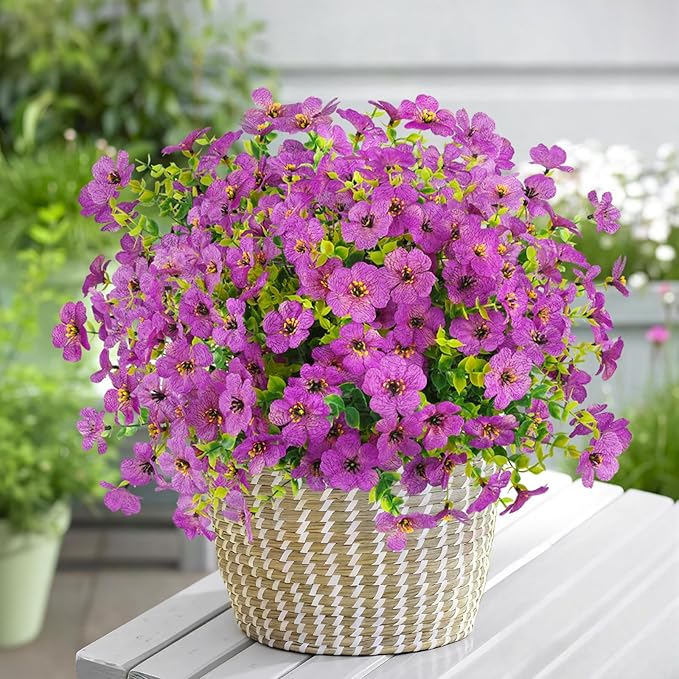 Artificial Flowers Outdoor Faux Plants UV Resistant Fake Patio Flowers Plastic Greenery Plnats Outside Bulk for Spring Garden Hanging Planter Home Vase Decor, 12 Bundles (Purple)