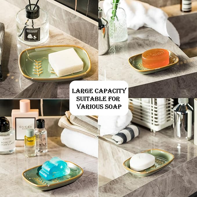 Miamolo Soap Dish Soap Holder Shower, Ceramic Soap Dishes for Bar Soap Sponge, Shower Soap Dish Soap Saver Tray for Bathroom Kitchen Sink, Easy to Clean, Green
