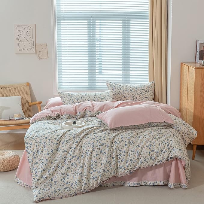 EAVD Vintage Style Garden Botanical Floral Duvet Cover Queen Soft 100% Cotton Pink Blue Yellow Floral Bedding Set with 2 Pillowcases Chic Botanical Duvet Cover with Zipper Closure