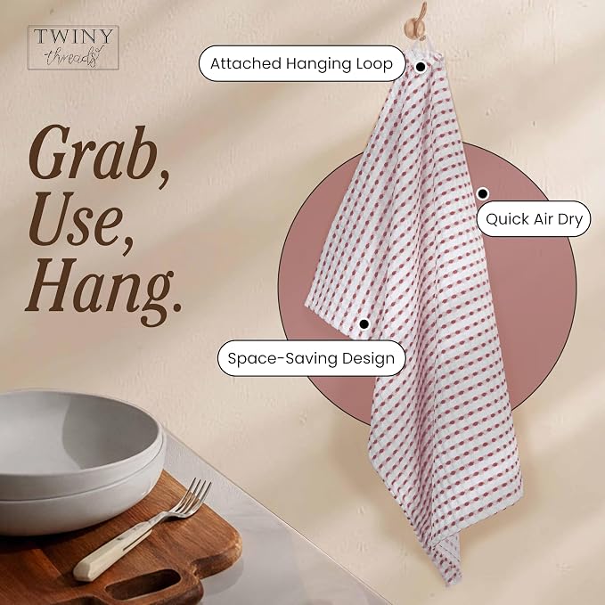 TWINY threads Waffle Kitchen Towels 100% Cotton Set of 4, Ultra Absorbent Dishcloth Set, Absorbent, Quick Dry & Soft Waffle Texture Cloths for Drying Dishes & Household Cleaning, Rust & White