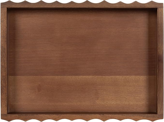 Kate and Laurel Lissi Decorative Rectangle Tray with Wavy Design; 16 x 12; Walnut Brown; Mid-Century Modern Scalloped Serving Tray for Coffee Table Ottoman; Dining Table; or Entryway Catch-All Tray