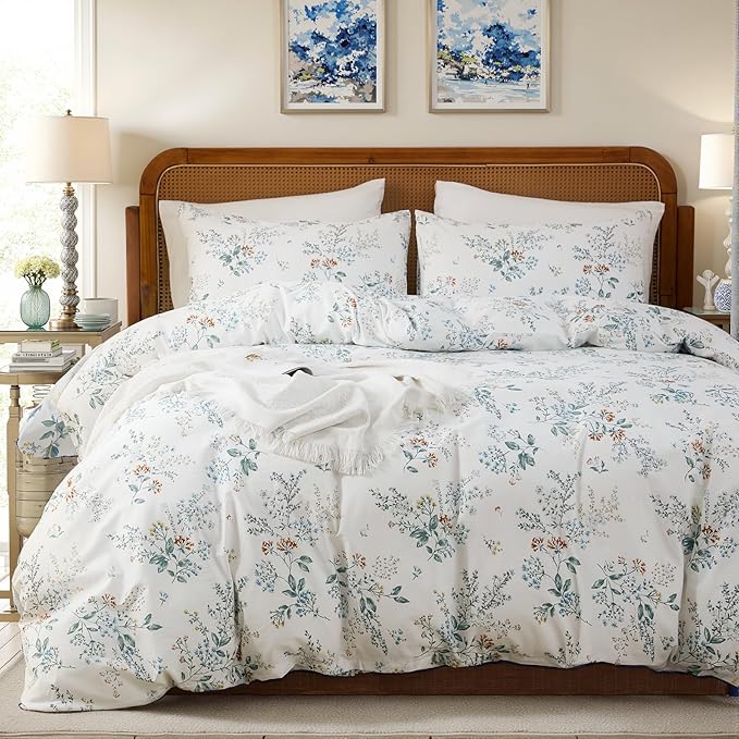 100% Cotton Duvet Cover Sets Queen Size Garden Chic Floral Duvet Cover with Zipper Closure Botanical Coquette Bedding Set Ultra Soft & Breathable