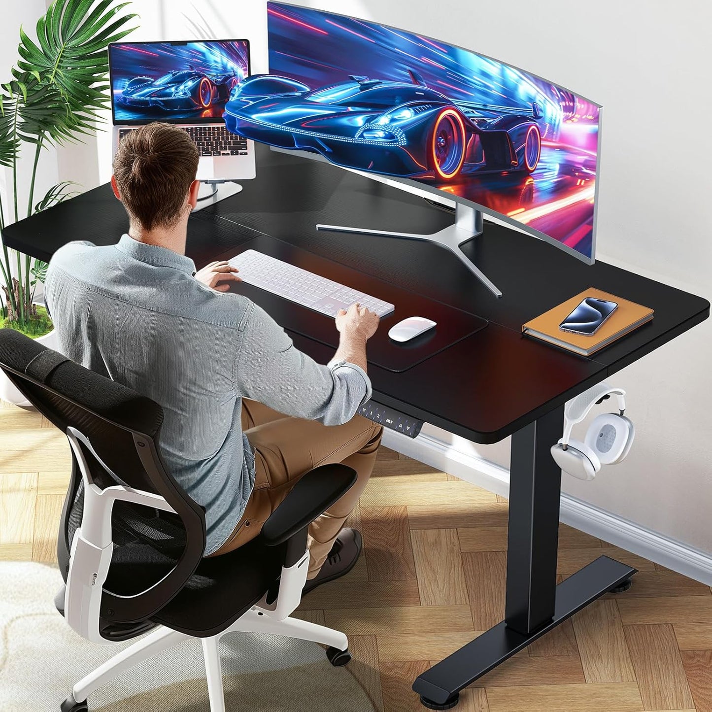 Veken Electric Standing Desk - Height Adjustable 47.2 Inch Wood Desktop | Ideal for Home Office & Gaming