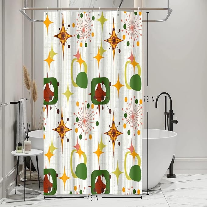 Mid Century Shower Curtain, 48x72inch, Modern Abstract Retro Green Striped Geometric Shower Curtain Sets 1950s Boho Bathroom Shower Curtain with 8 Hooks