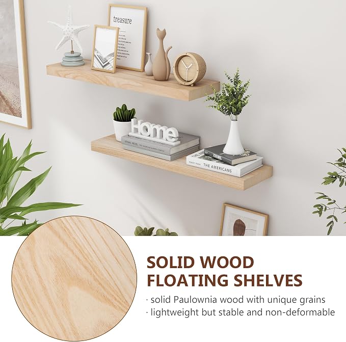 fuqing 30 Inch Floating Shelves | Natural Wood Wall Shelves Set of 2 | 30" W x 6.7" D Natural Wooden Floating Shelves for Living Room Bedroom Home Office