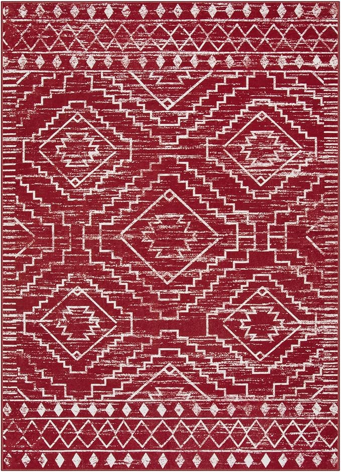 Wonnitar Moroccan Washable 5x7 Rug for Living Room, Soft Chrisrmas Rug for Bedroom, Non-Slip Stain Resistant Geometric Floor Carpet for Dining Table Kitchen Dorm (Red,5'x7')