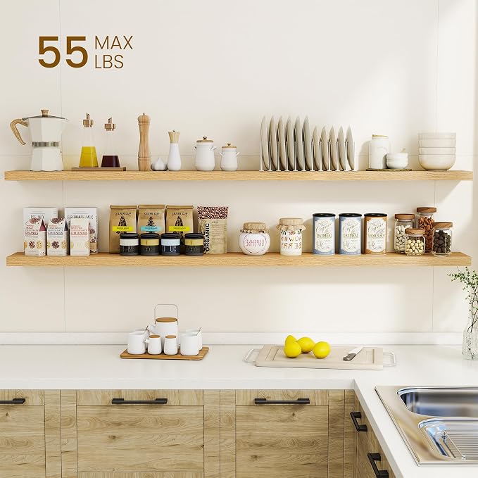 Dreamland 72Inch Floating Shelves for Wall, Rustic Wooden Storage Shelf for Living Room, Kitchen, Farmhouse, Wall Mounted Display Shelving with Invisible Heavy-Duty Metal Bracket, Set of 2 - Oak