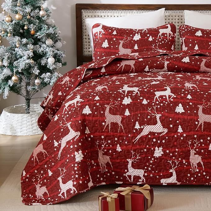 Dinjoy Christmas Quilt Set Queen Size, Christmas Holiday Quilt Bedding Set Xmas New Year Bedspread Soft Microfiber 3 Pieces Coverlet for Kid Adult 90"x90" New Year Gift