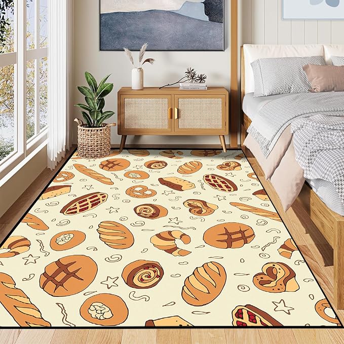 Cute Bread Area Rug 3D Cattoon Carpt Waffle Croissant and Muffin Rugs for Entryway Bedroom Living Room Kitchen Home Decor Washable Non Slip Floor Mat,2'x3'