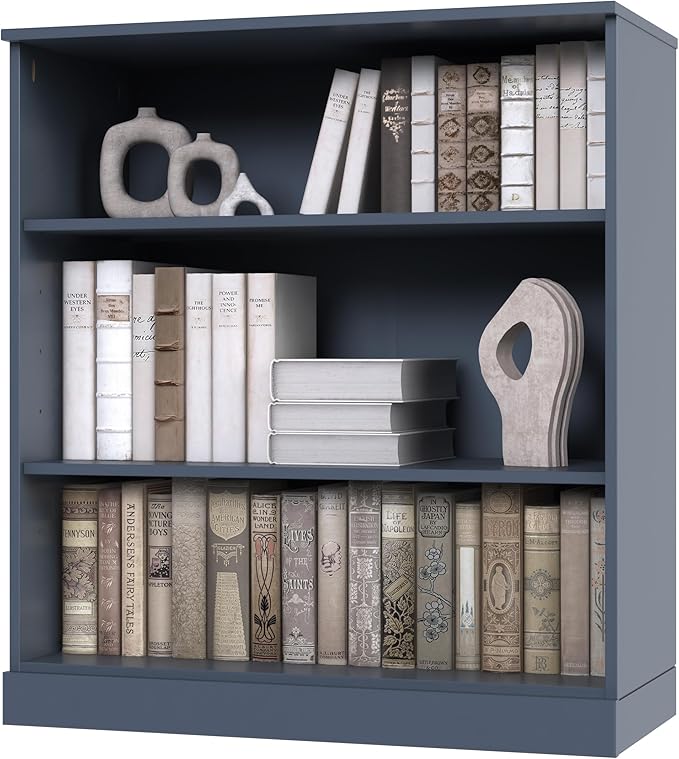 Palace Imports Solid Wood Bookcase - 3-Tier Bookshelf, 36" H x 32” W - Antique Blue, Modular Storage Display, Eco-Friendly Solid Wood, Made in Brazil