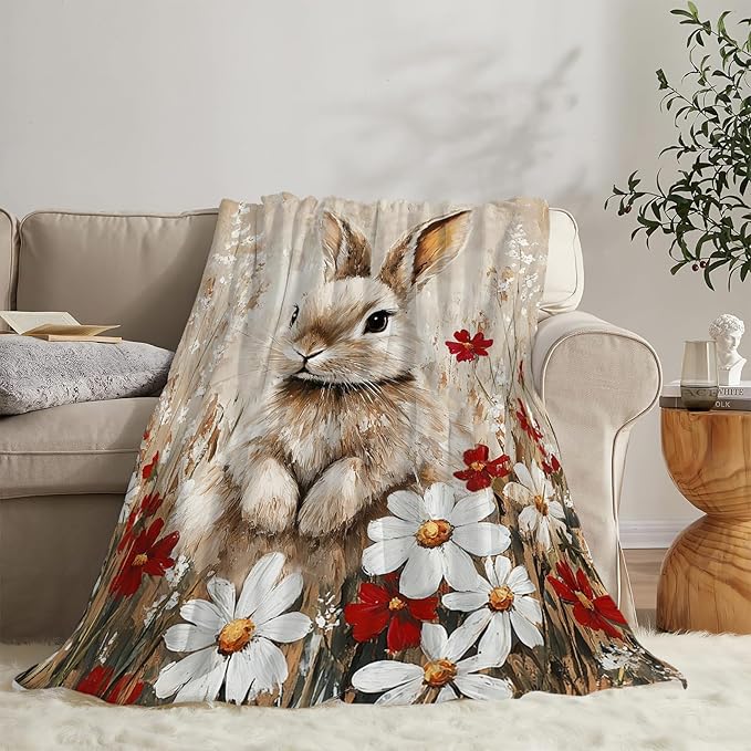 Farmhouse Rabbit Blanket Rustic Bunny Throw Blanket Country Soft Cozy Fleece Fuzzy Stuffed Plush Flannel Gifts for Girls Women Boys Kids Adults 40''x50''