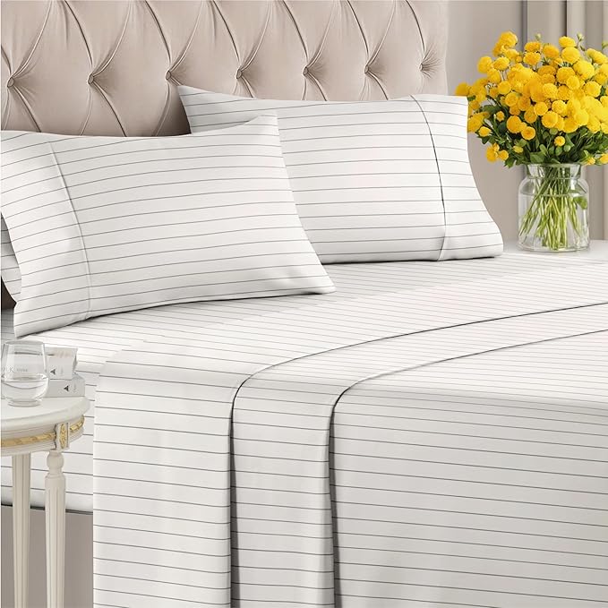 Striped Sheets - Beige & White Striped Sheets - 1 Flat & 1 Fitted & 2 Pillowcases w/ Deep Pockets – Wrinkle & Fade Free - Soft, Breathable & Cooling – Luxury Pinstripe Bedding - Cal King Size Bed Set