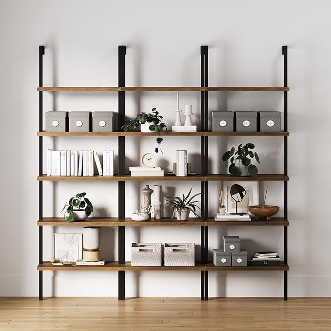 Nathan James Theo 5-Shelf Wood Modern Bookcase, Open Wall Mount Ladder Bookshelf with Industrial Black Metal Frame, Reclaimed Oak, Set of 3