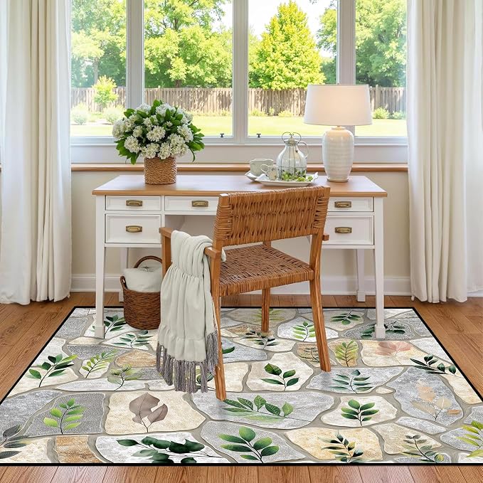 3'x5' Optical Illusion Rug 3D Stone Floor Mat Green Leaf Botanical Area Rug Rustic Nature Washable Carpet for Entryway Bedroom Living Room Kitchen Home Decor