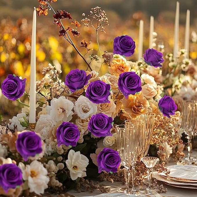 50pcs Artificial Roses Flowers in Bulk,Realistic Silk Fake Rose with Long Stem for Wedding Centerpieces Bouquet Party Floral Arrangement Home Decoration (Purple)