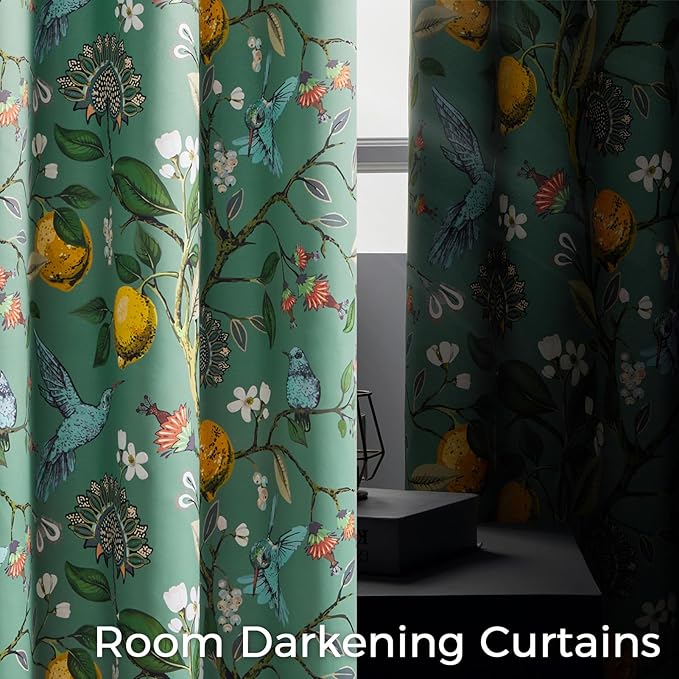 Sage Green Boho Floral Pinch Pleated Curtains 72 Inches Long for Living Room Bedroom Luxury Whimsical Lemon Hummingbird Patterned Waverly Mid Century Colorful Pinch Pleated Blackout Drapes 2 Panels