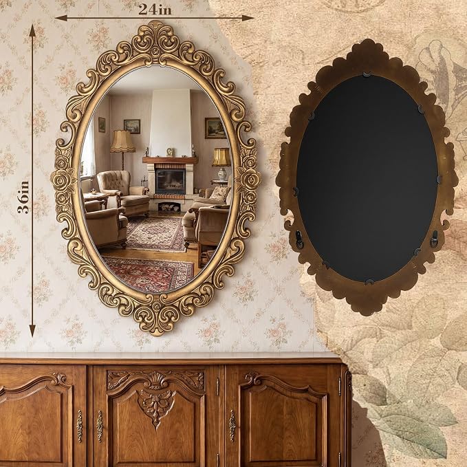 Vercraft 24" x 36" Vintage Gold Mirror for Wall, Antique Gold Oval Baroque Mirror with Imitation Resin Frame, Ornate Wall Decor for Entryway, Fireplace, Living Room, Hallway