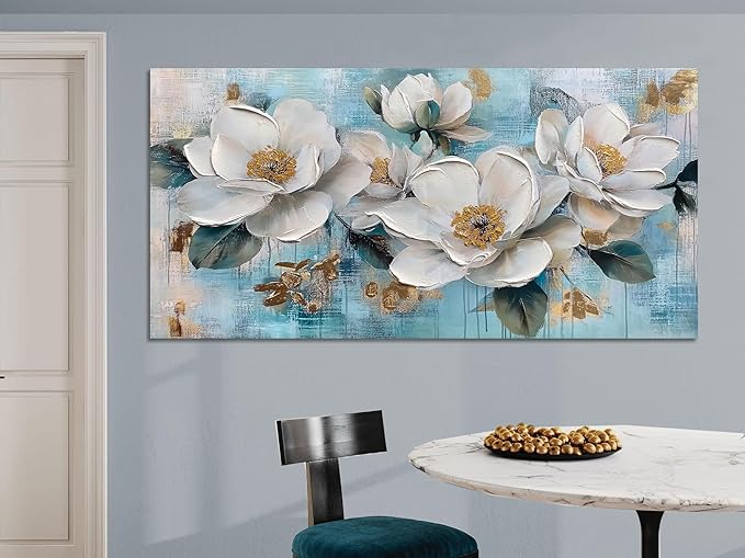 Ardemy Flower Wall Art for Living Room White Floral Canvas Art Wall Decor, Magnolia Teal Picture Textured Painting Turquoise Artwork Bedroom Dining Room Kitchen Home Office 40"x20"