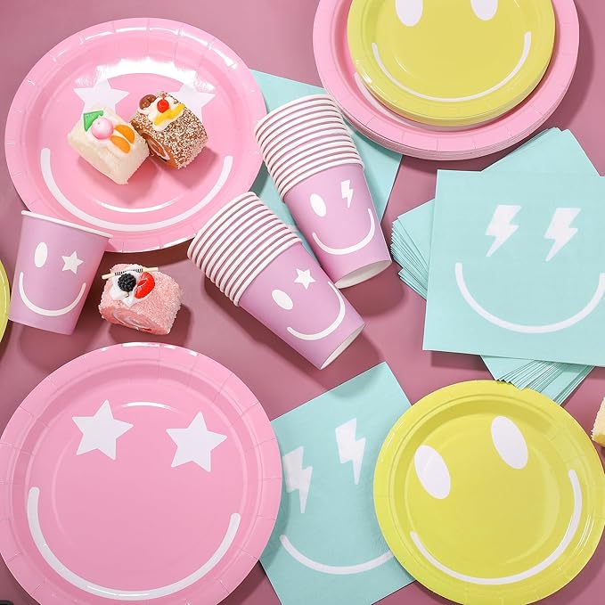 96 Piece Preppy Smiley Face Party Paper Plates Preppy Smile Face Party Decorations Preppy Tableware Set Paper Smile Face Plates Cups Napkins Cutlery Serve 24 Guest for Birthday or Baby Shower