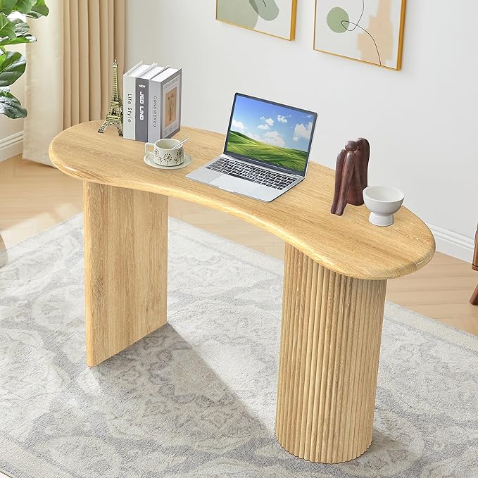 LEVNARY 54.3" Curved Small Computer Desk, Wooden Executive Desk with Sturdy Fluted Legs, Modern Luxury Corner Single Writing Vanity Desk for Bedroom Living Room Home Office (Natural)