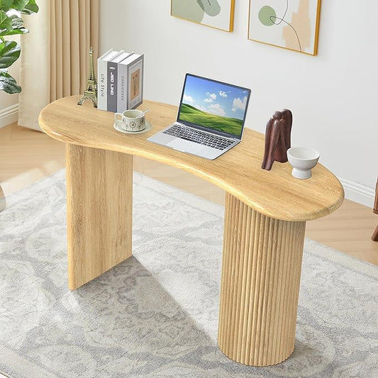 LEVNARY 54.3" Curved Small Computer Desk, Wooden Executive Desk with Sturdy Fluted Legs, Modern Luxury Corner Single Writing Vanity Desk for Bedroom Living Room Home Office (Natural)