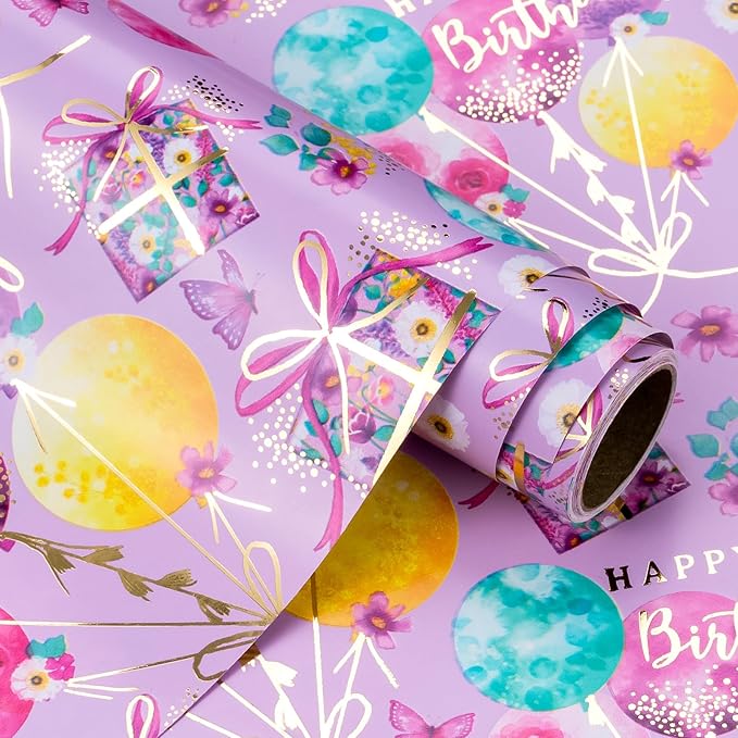 WRAPAHOLIC Purple Birthday Wrapping Paper - Mini Roll - 17 Inch x 16.5 Feet - Gold Foil Fantasy Purple Happy Birthday Paper for Kids, Girls, Women, Wedding, Bridal Shower