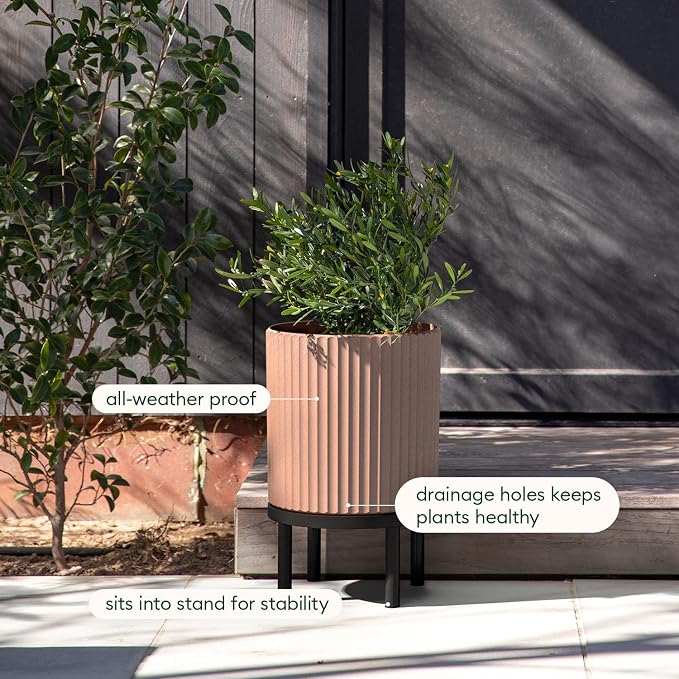 Veradek Demi Series Round Planter w/Stand for Porch/Patio | Durable Plastic-Stone Composite & Wooden Stand | Modern Décor for Tall Plants, Flowers