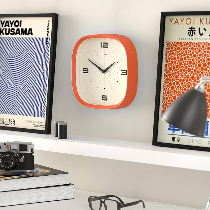 JONES CLOCKS® Pulsar wall Clock | Square Rounded Retro Clock | 10 inch | Orange | Cool Designer Look for Kitchen, Living Room or Office
