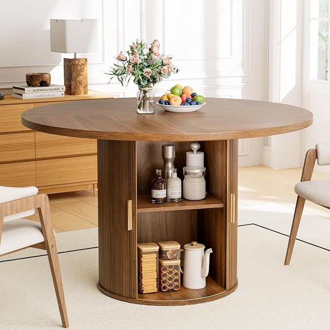 47" Round Dining Table for 4-6, Space-Saving Dining Room Table with Core Rolling Shutter Storage Shelf and Thick Tabletop, Wood Grain Dinner Table for Kitchen, Dining Room, Living Room, Walnut