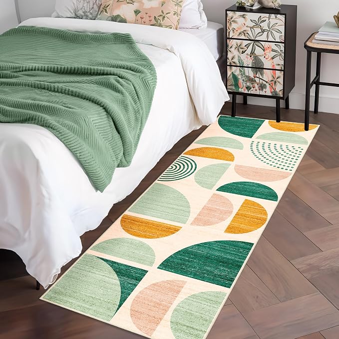 MUJOO Green Runner Rug Washable,Boho 2x6 Area Rugs for Hallways Kitchen Bathroom Bedroom Entryway,Non Slip Carpet Long Mat Indoor,Soft Modern Abstract Sage Green