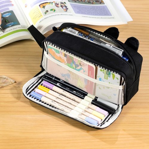 CICIMELON Large Capacity Cartoon Pencil Case - Embroidered Animal Design for Kids & Teens | Black Cat