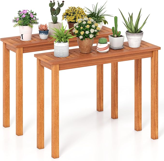 Tangkula Wooden Plant Stand, Outdoor Indoor Solid Wood Flower Pot Holder Display Shelf with Teak Oil Finish, Slatted Top, Rustic Plant Rack for Patio Garden Entryway Porch
